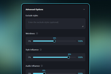 Generation interface with weirdness control slider and style influence adjustment showing real-time audio waveform